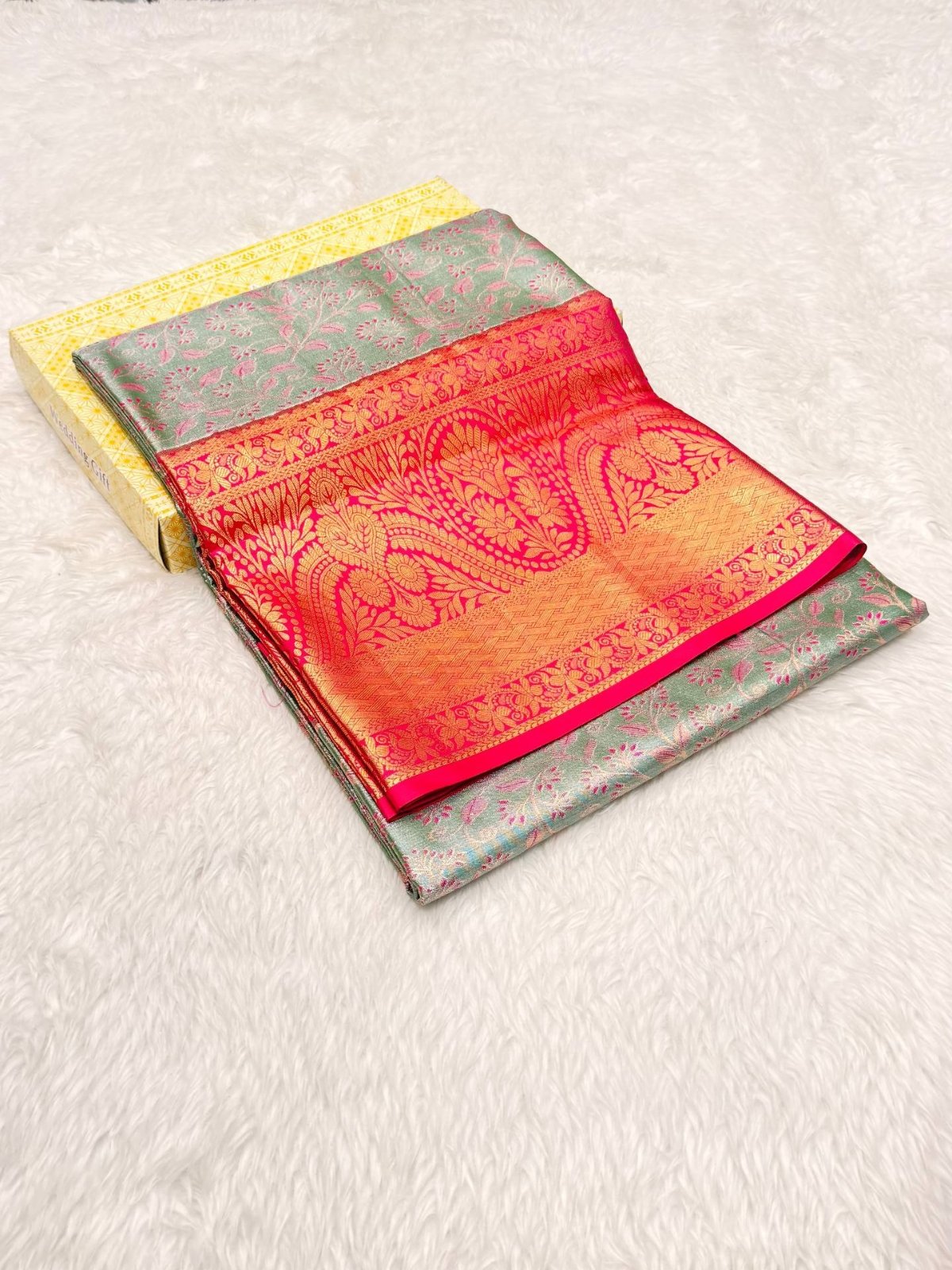 Pastel Green & Pink Kanchipuram Silk Saree with Rich Gold Zari Border