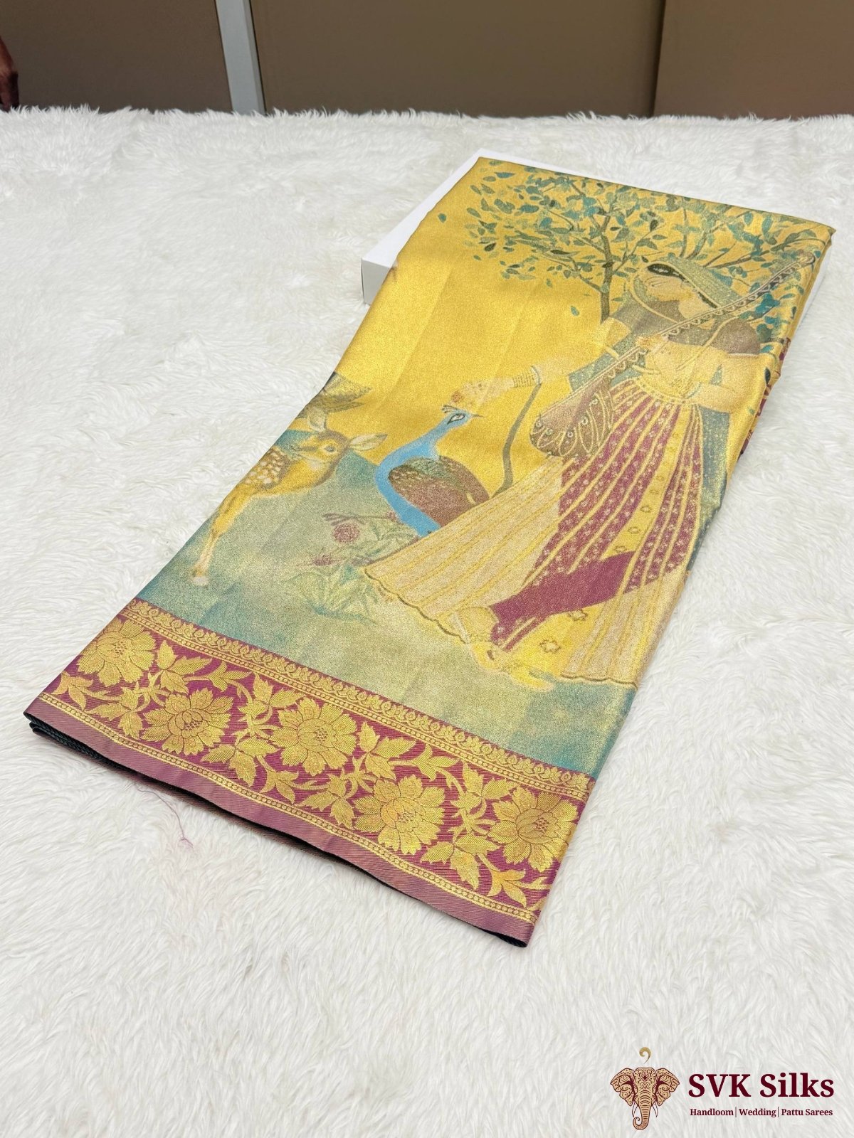 Mustard Gold Digital Printed Silk Blend Saree with Pichwai Art Pallu and Banarasi Zari Border