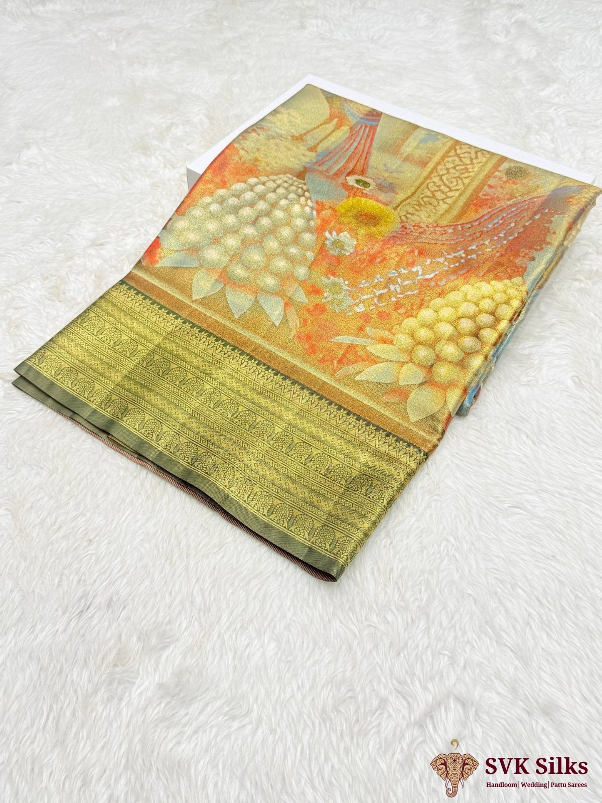 Antique Olive Gold Digital Printed Silk Blend Saree with Mughal Peacock Pallu and Banarasi Border