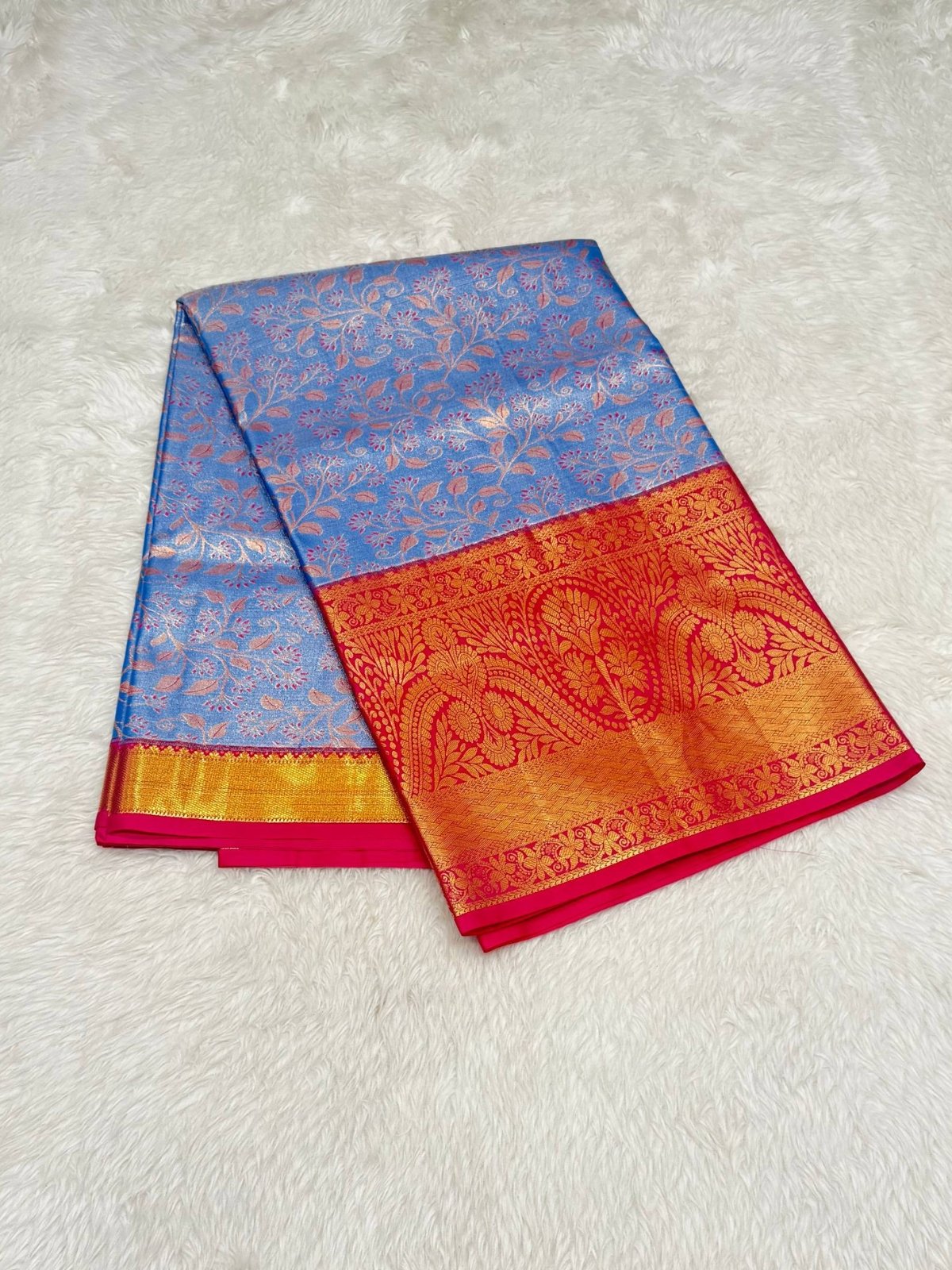 Blue & Red Kanchipuram Silk Saree with Gold Zari - Image 2