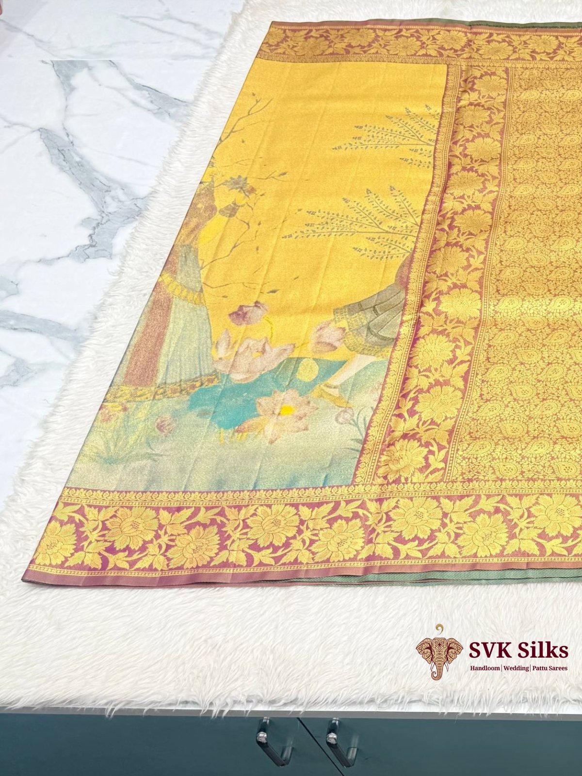 Mustard Gold Digital Printed Silk Blend Saree with Pichwai Art Pallu and Banarasi Zari Border - Image 2