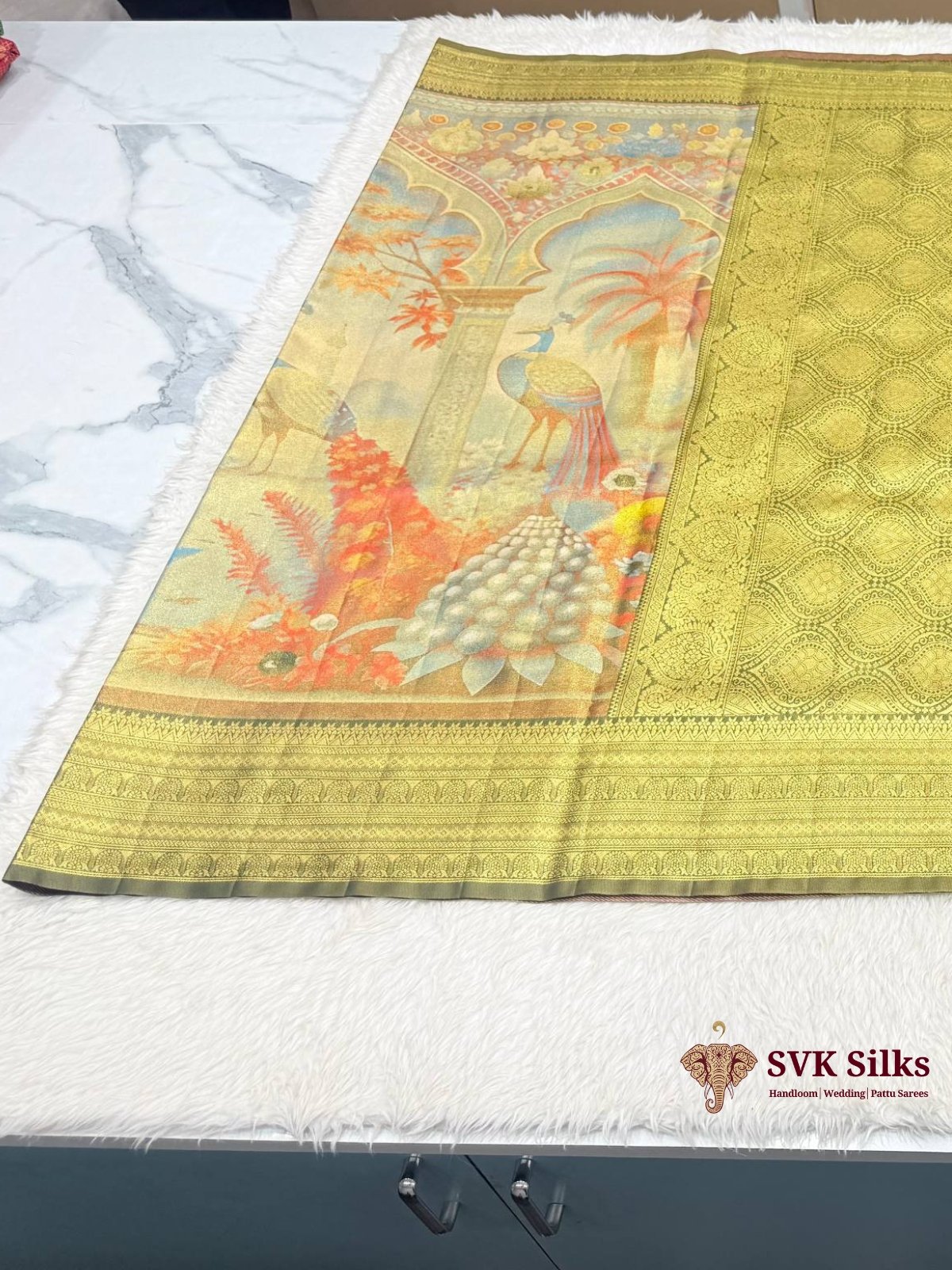 Antique Olive Gold Digital Printed Silk Blend Saree with Mughal Peacock Pallu and Banarasi Border - Image 2