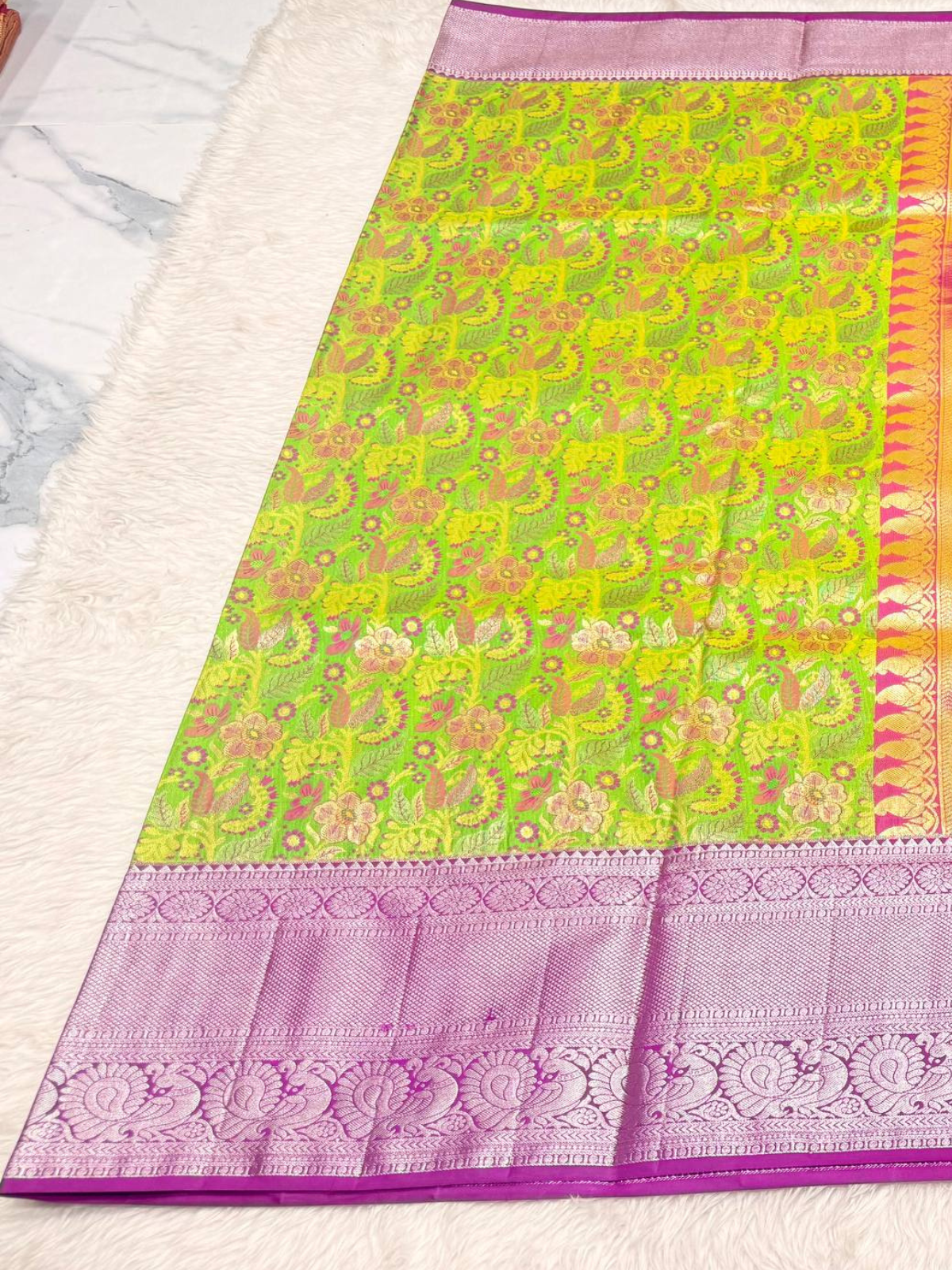Elegant parrot green Kanchipuram silk saree with rich zari brocade and a contrasting pink peacock border - Image 2