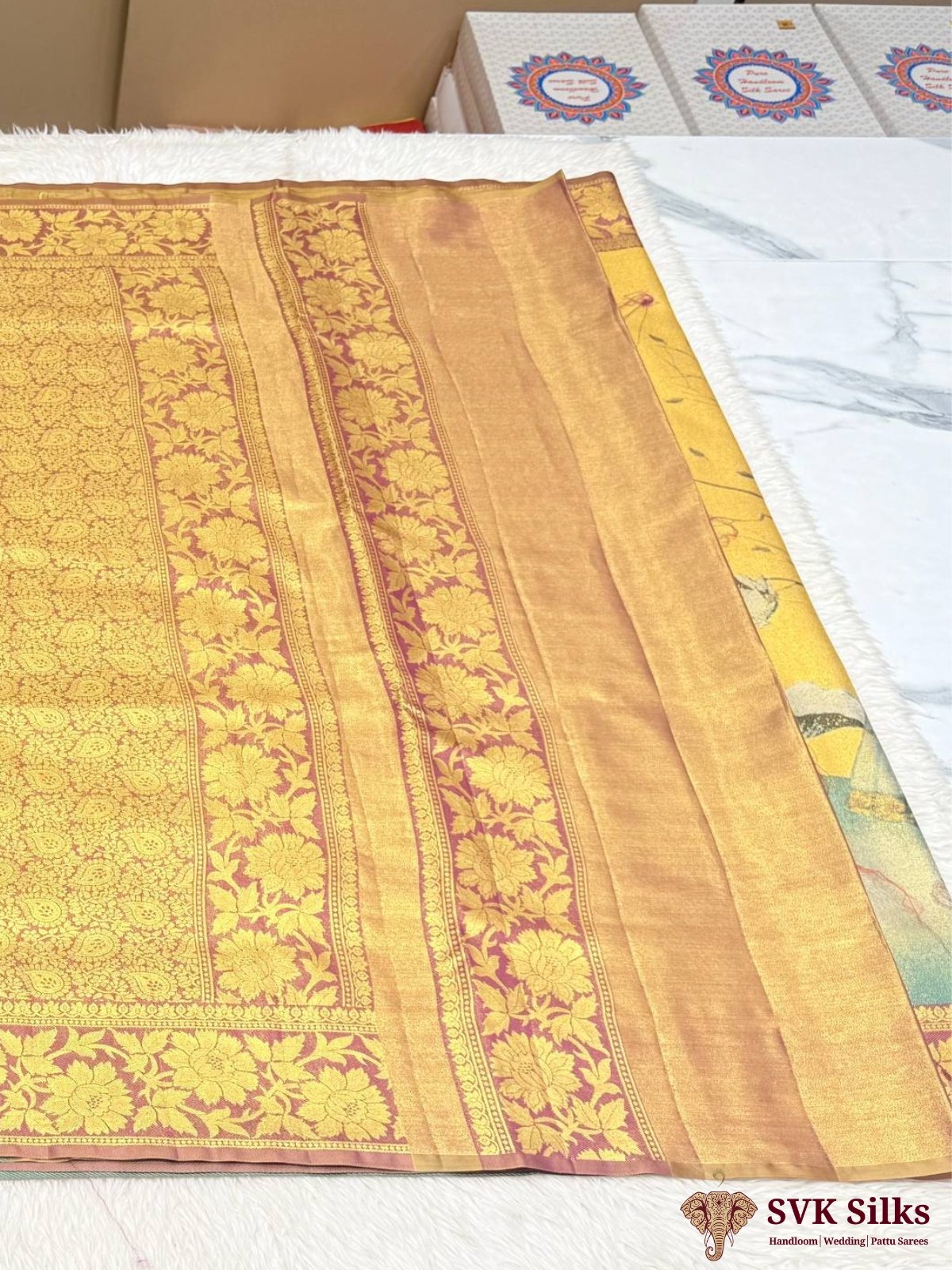 Mustard Gold Digital Printed Silk Blend Saree with Pichwai Art Pallu and Banarasi Zari Border - Image 3