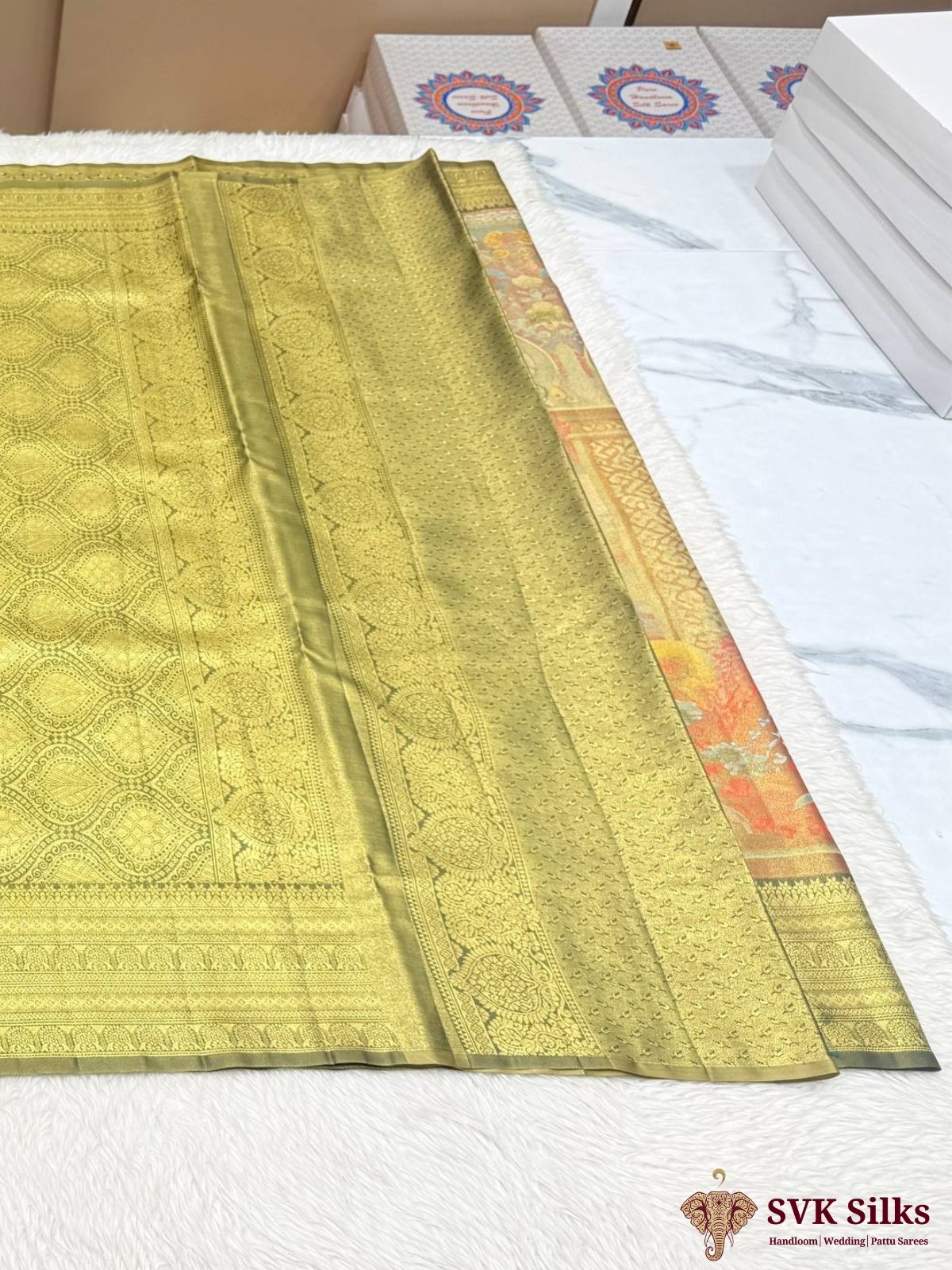 Antique Olive Gold Digital Printed Silk Blend Saree with Mughal Peacock Pallu and Banarasi Border - Image 3