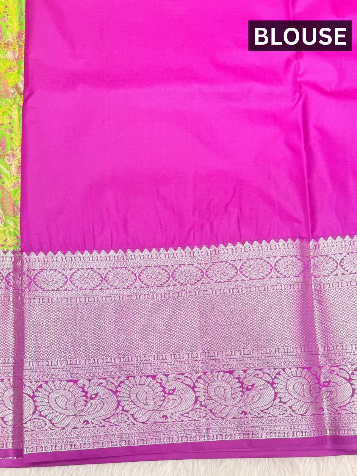 Elegant parrot green Kanchipuram silk saree with rich zari brocade and a contrasting pink peacock border - Image 3