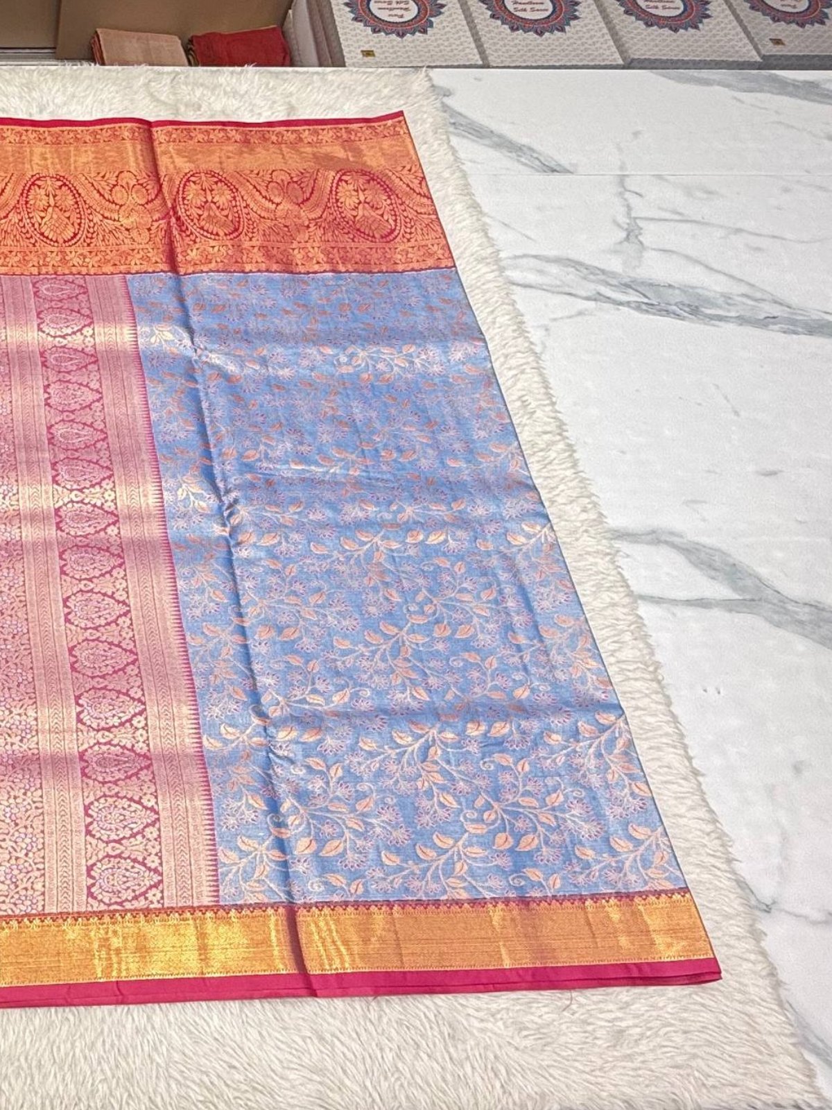 Blue & Red Kanchipuram Silk Saree with Gold Zari - Image 3