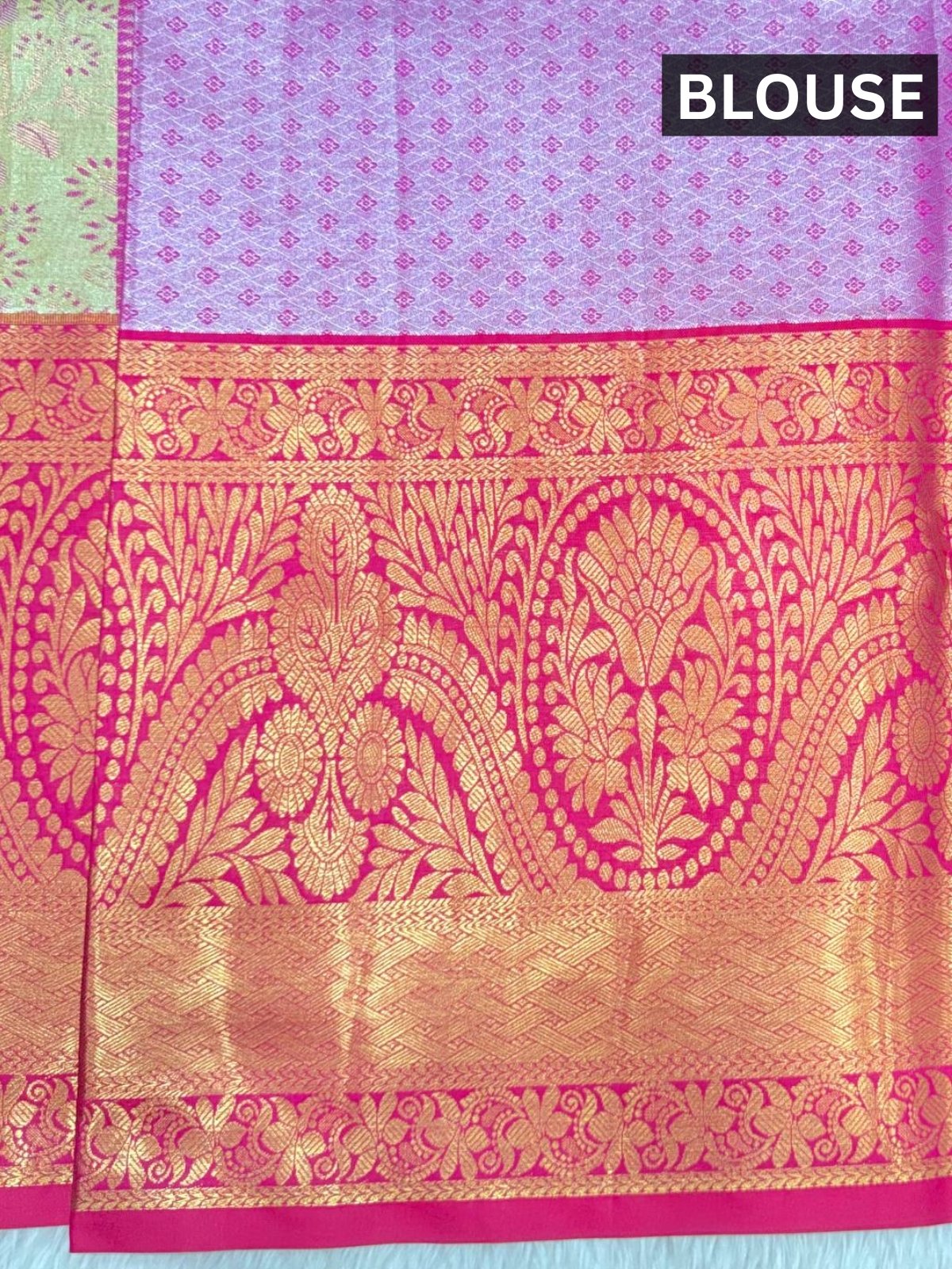 Pastel Green & Pink Kanchipuram Silk Saree with Rich Gold Zari Border - Image 4
