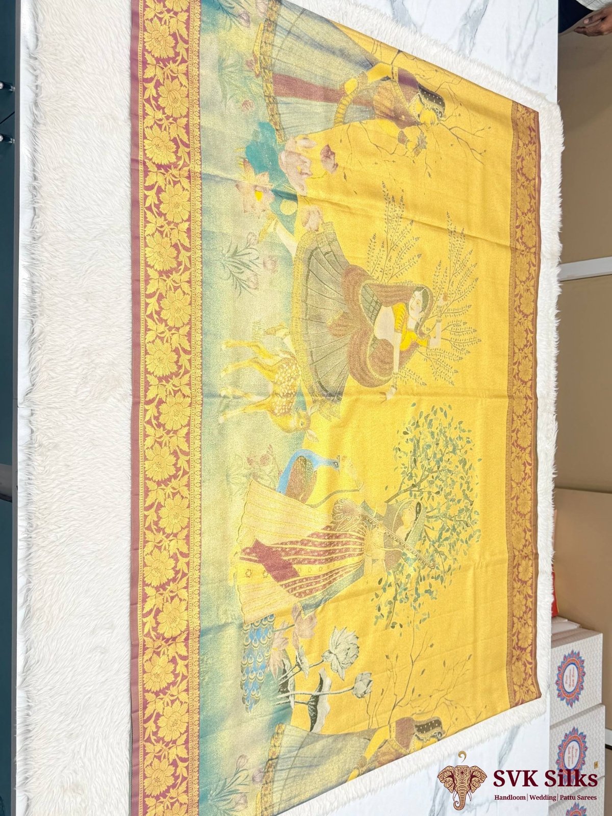 Mustard Gold Digital Printed Silk Blend Saree with Pichwai Art Pallu and Banarasi Zari Border - Image 4