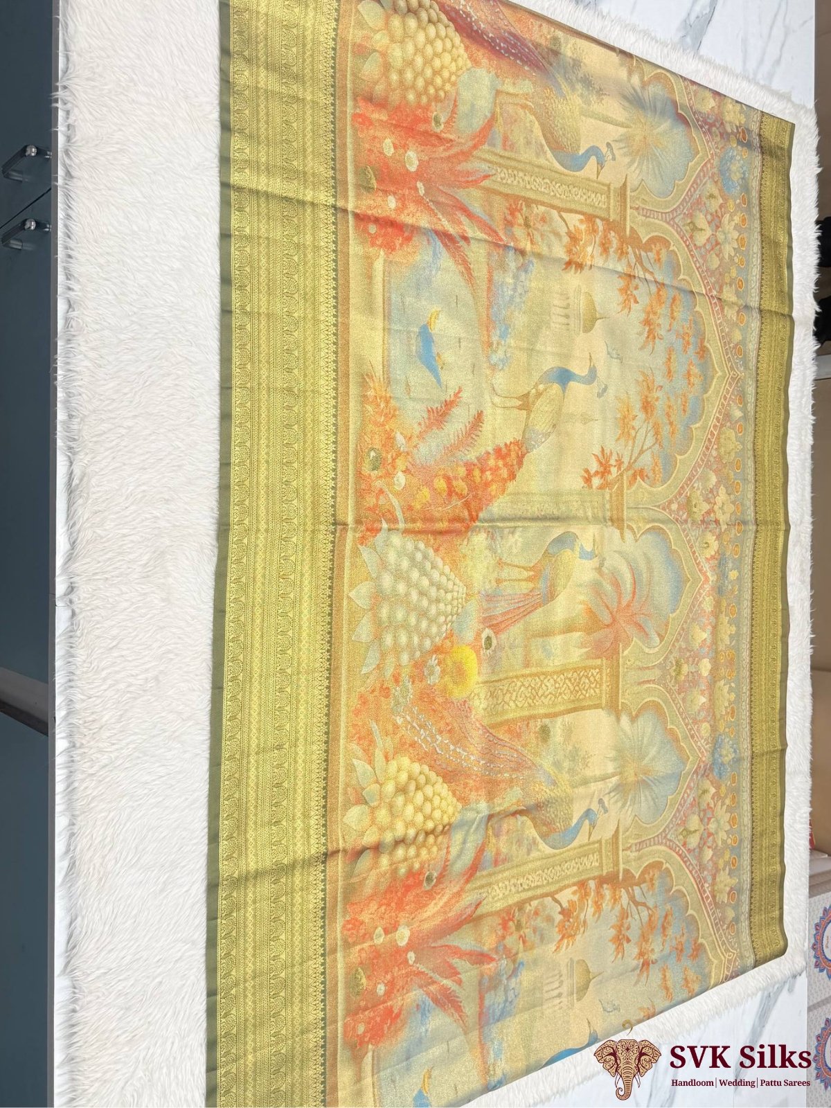 Antique Olive Gold Digital Printed Silk Blend Saree with Mughal Peacock Pallu and Banarasi Border - Image 4