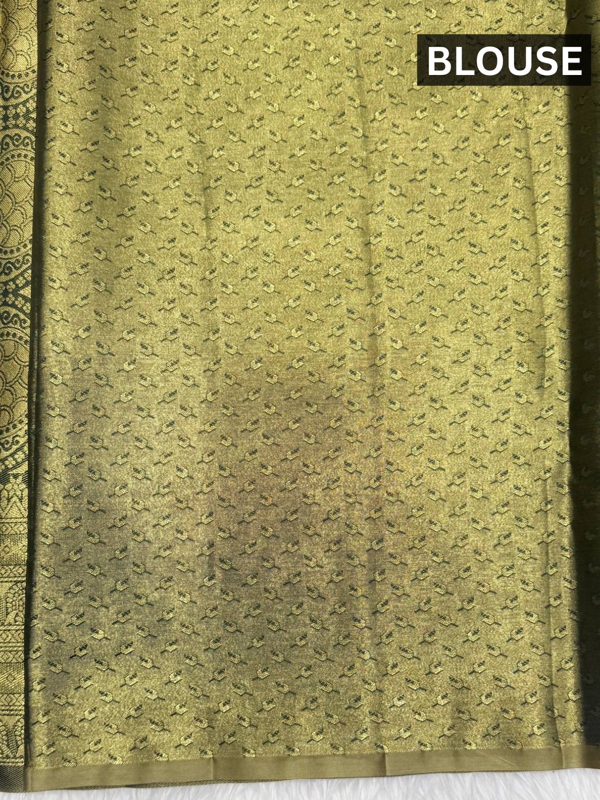 Antique Olive Gold Digital Printed Silk Blend Saree with Mughal Peacock Pallu and Banarasi Border - Image 5